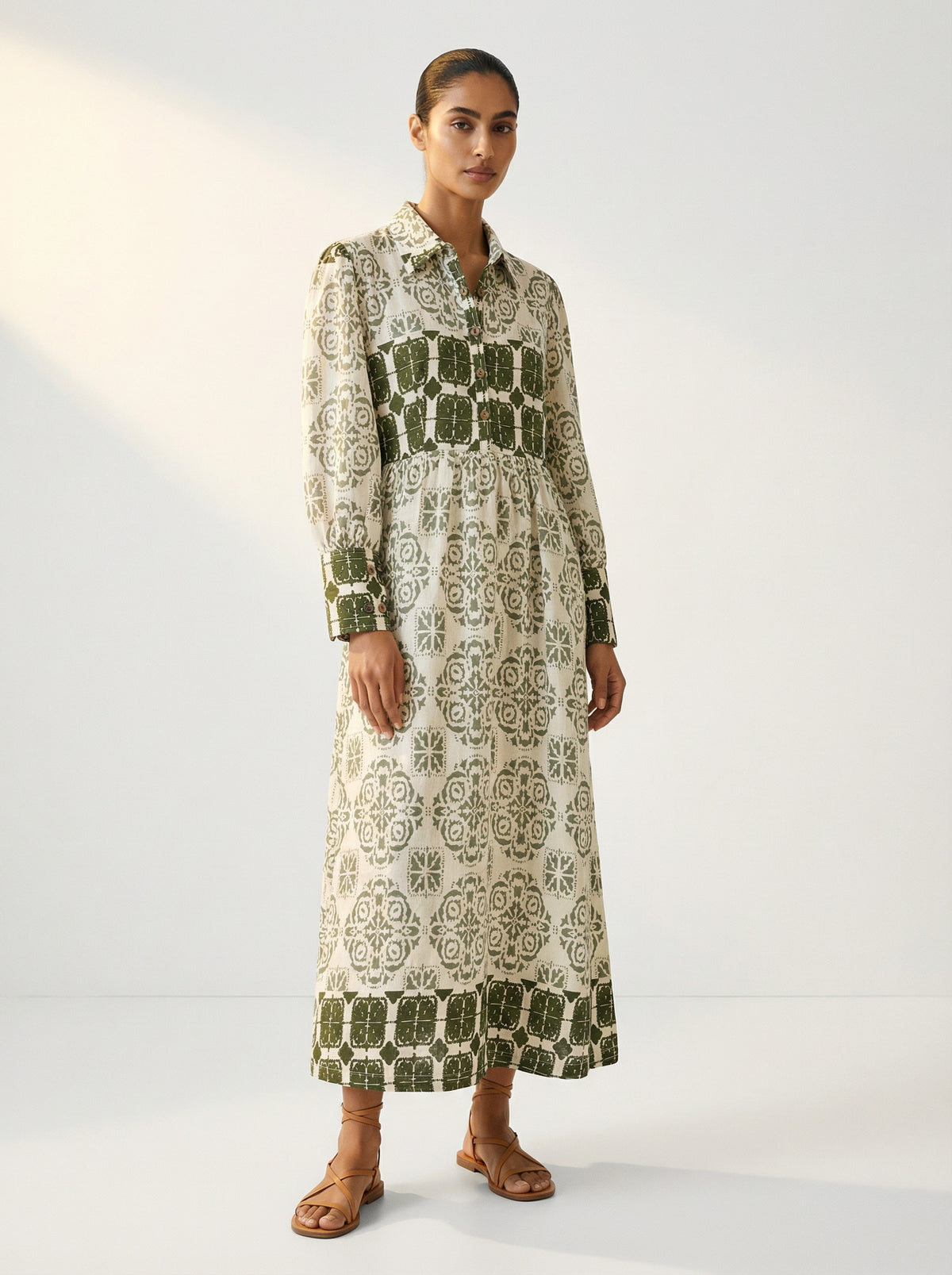 Women's Tile Print Belted Maxi Shirt Dress – Olive Green