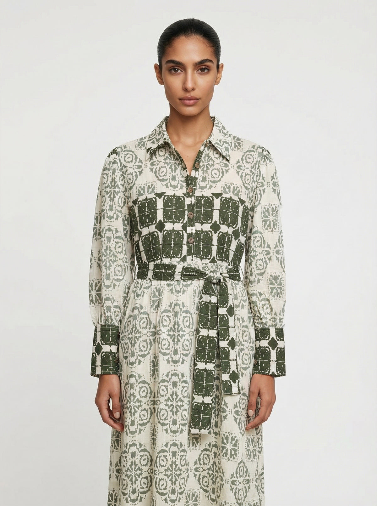 Women's Tile Print Belted Maxi Shirt Dress – Olive Green