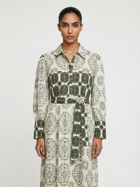 Women's Tile Print Belted Maxi Shirt Dress – Olive Green