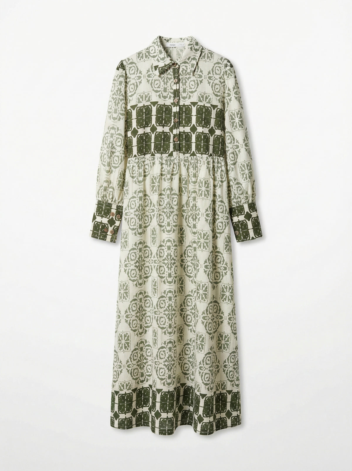 Women's Tile Print Belted Maxi Shirt Dress – Olive Green