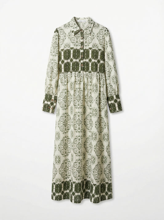 Women's Tile Print Belted Maxi Shirt Dress – Olive Green