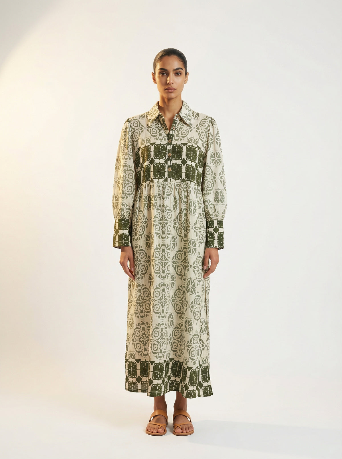 Women's Tile Print Belted Maxi Shirt Dress – Olive Green