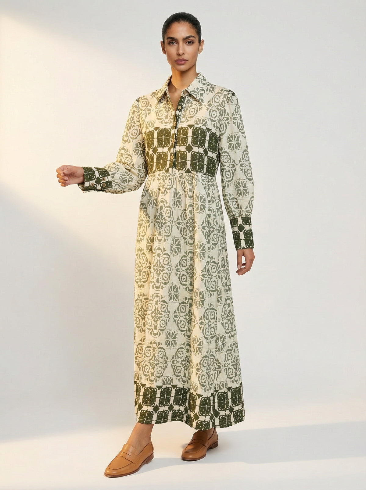 Women's Tile Print Belted Maxi Shirt Dress – Olive Green