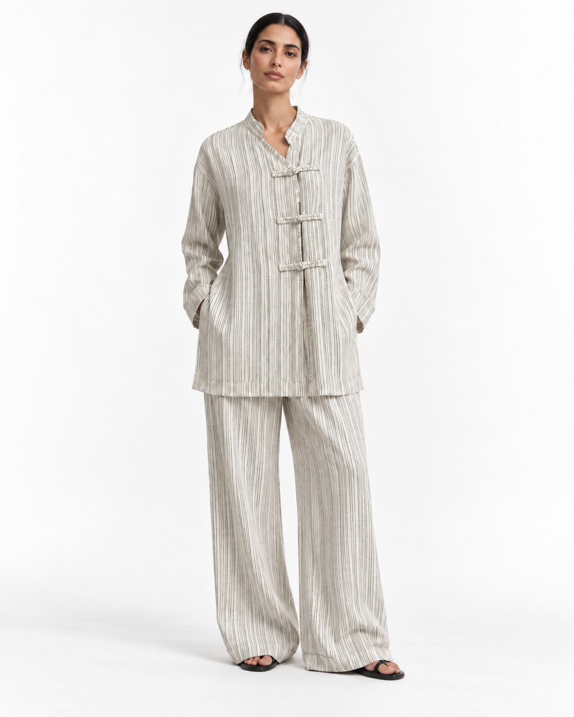 Gazzelle Dash-Stripe Frog-Closure Top — Ivory Dash