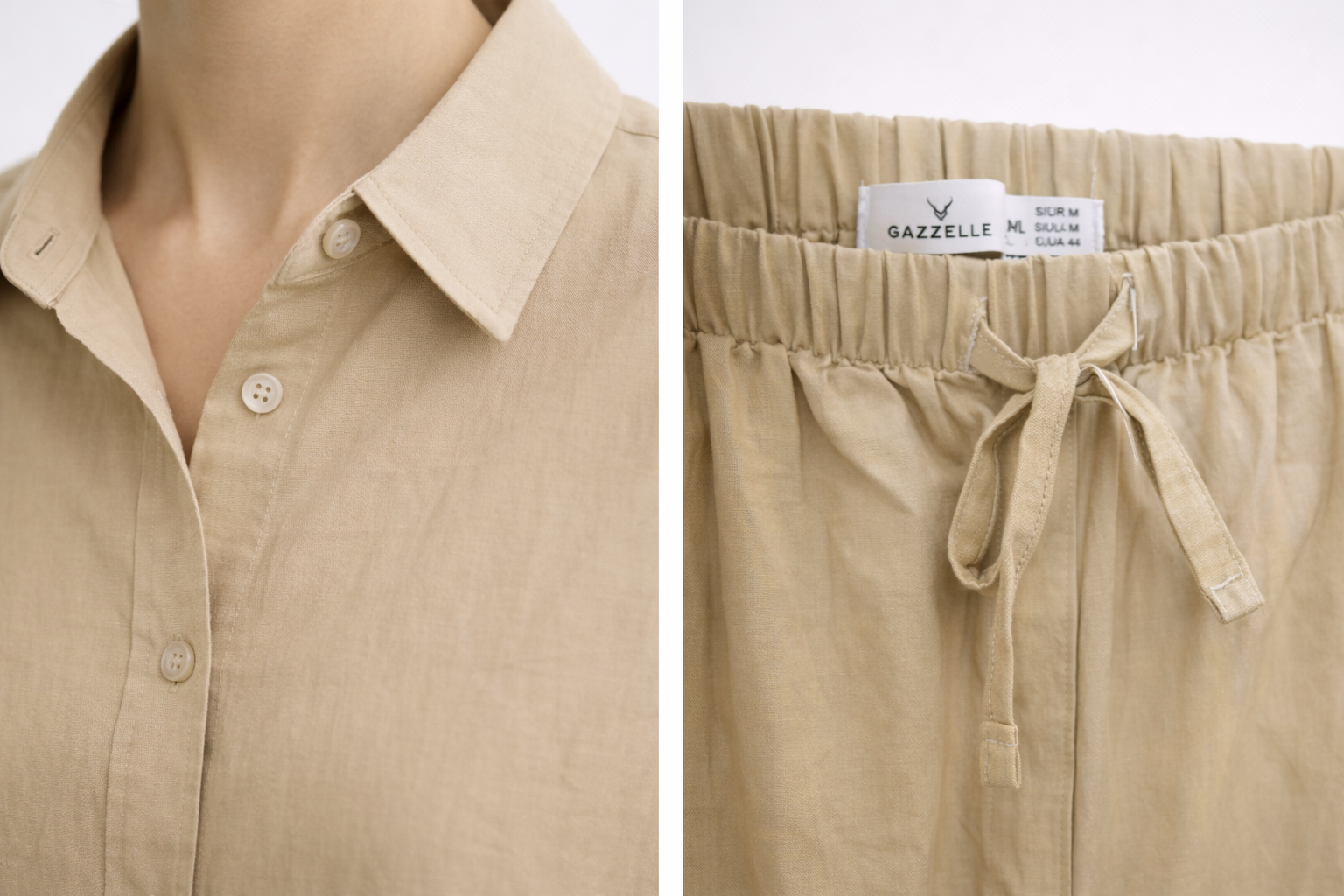 Gazzelle Sand Linen Co-ord Set — Long-Sleeve Shirt & Wide-Leg Trousers | طقم منسق محتشم الإمارات