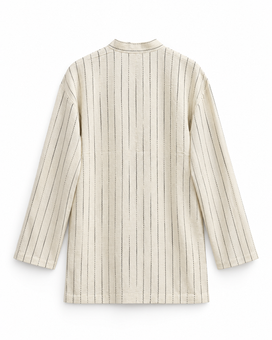 Gazzelle Pinstripe Frog-Closure Top — Oat Pinstripe