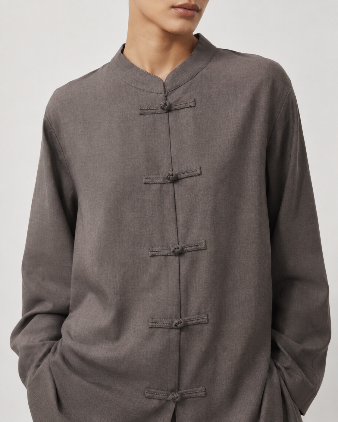 Frog-Button Mandarin Shirt — Ash Taupe