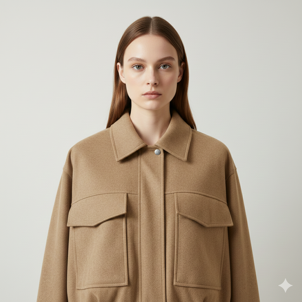 Women's Camel Utility Cropped Jacket - Structured Bomber with Pockets