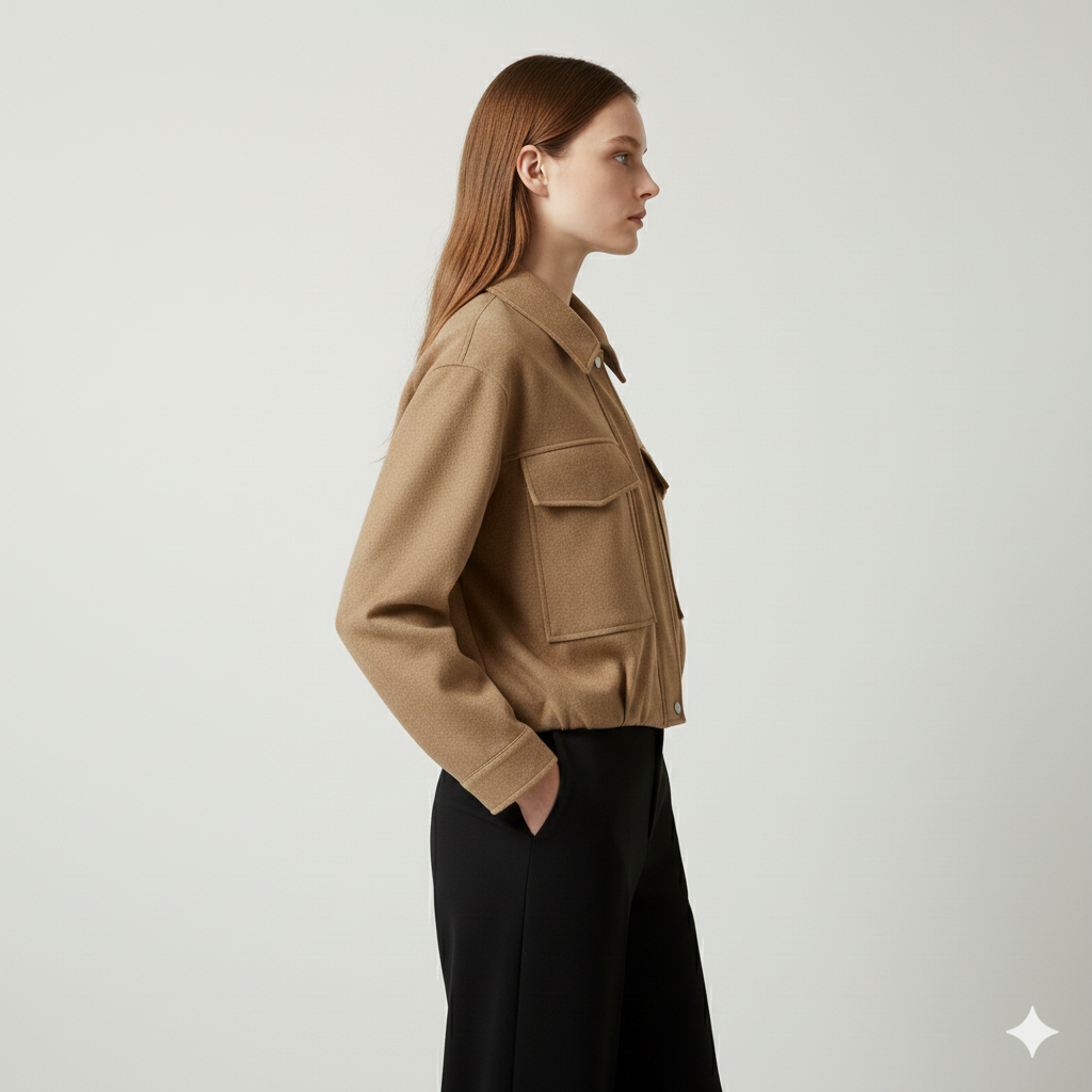 Women's Camel Utility Cropped Jacket - Structured Bomber with Pockets