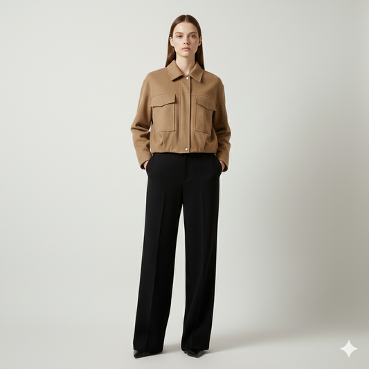 Women's Camel Utility Cropped Jacket - Structured Bomber with Pockets