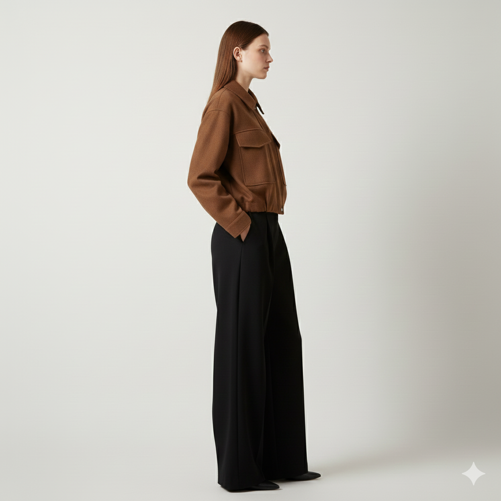 Women's Brown Utility Cropped Jacket - Structured Bomber with Pockets