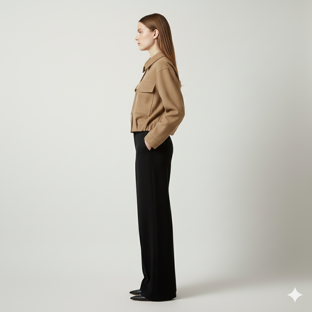 Women's Camel Utility Cropped Jacket - Structured Bomber with Pockets