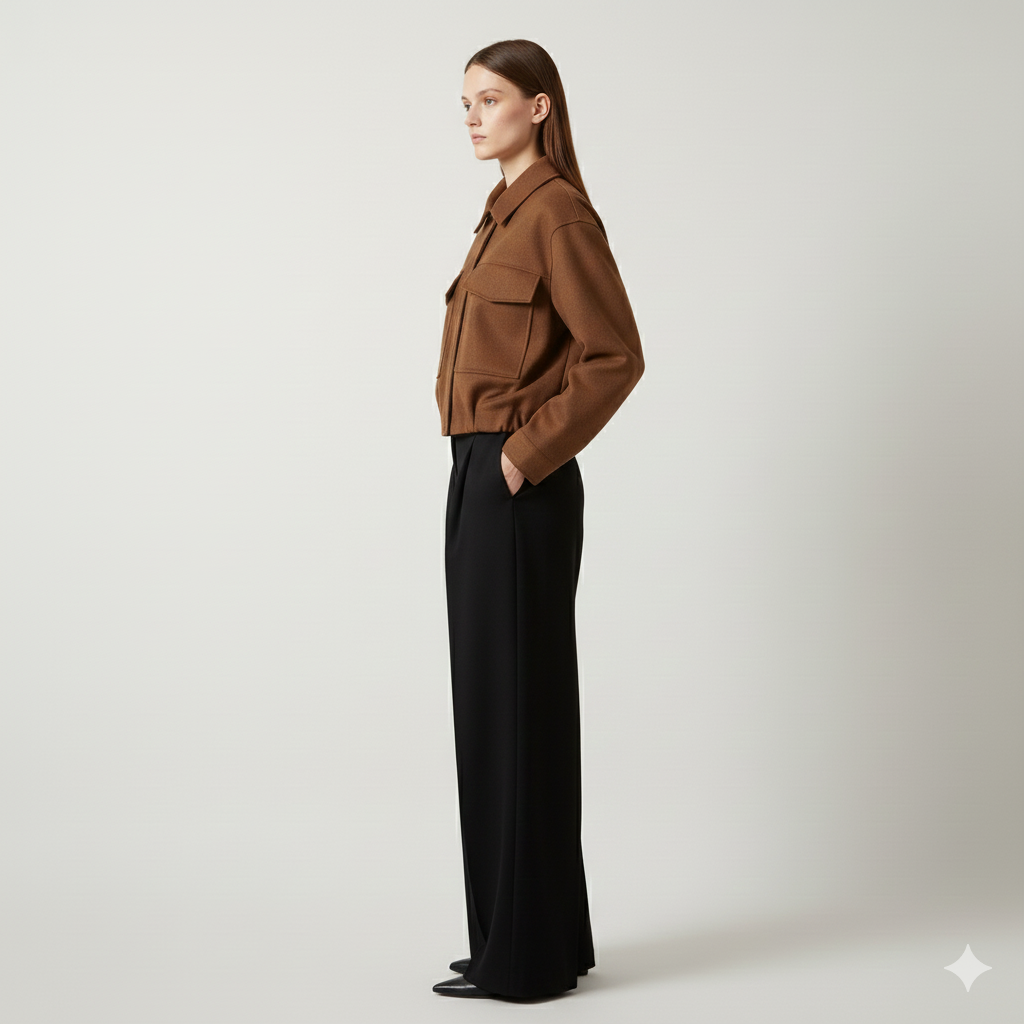 Women's Brown Utility Cropped Jacket - Structured Bomber with Pockets