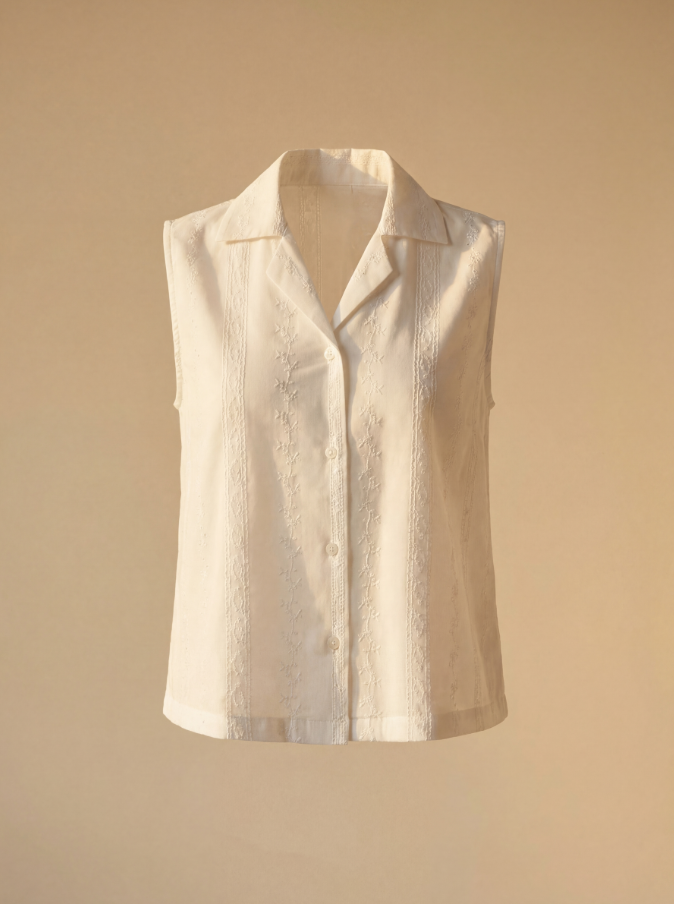 White Embroidered Sleeveless Camp Collar Co-ord Set — Top & Wide-Leg Pants