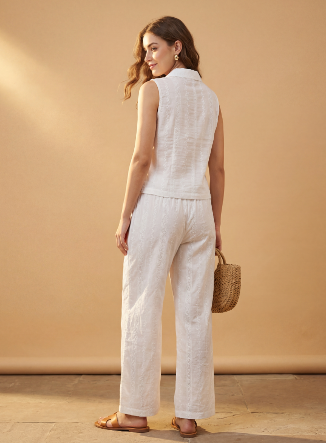 White Embroidered Sleeveless Camp Collar Co-ord Set — Top & Wide-Leg Pants