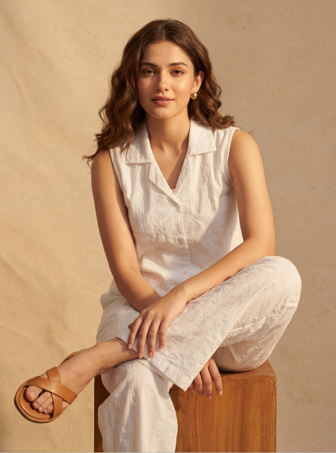 White Embroidered Sleeveless Camp Collar Co-ord Set — Top & Wide-Leg Pants