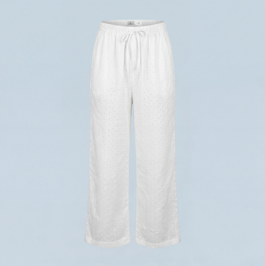 White Schifli Embroidered Shirt Co-ord Set — Long Sleeve Shirt & Wide-Leg Pants