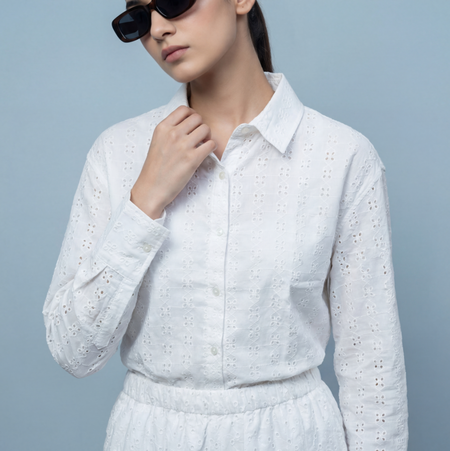 White Schifli Embroidered Shirt Co-ord Set — Long Sleeve Shirt & Wide-Leg Pants