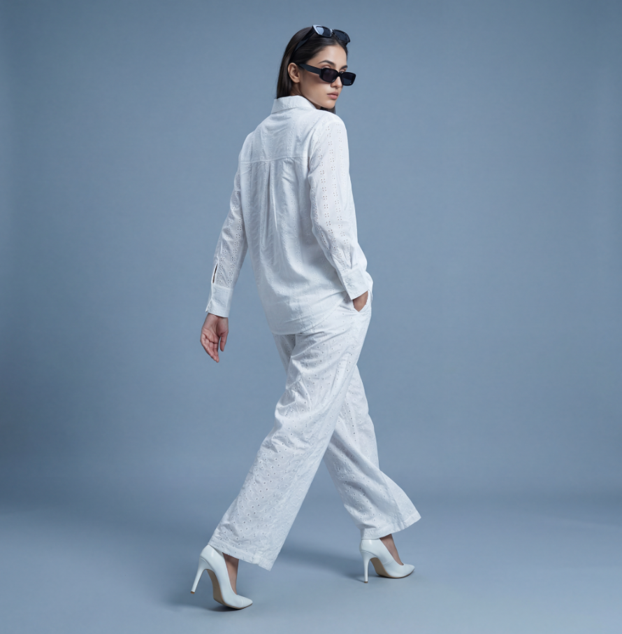 White Schifli Embroidered Shirt Co-ord Set — Long Sleeve Shirt & Wide-Leg Pants