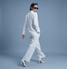 White Schifli Embroidered Shirt Co-ord Set — Long Sleeve Shirt & Wide-Leg Pants