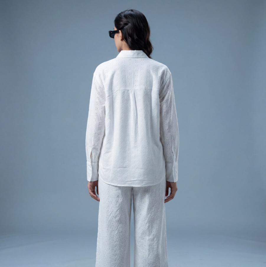 White Schifli Embroidered Shirt Co-ord Set — Long Sleeve Shirt & Wide-Leg Pants