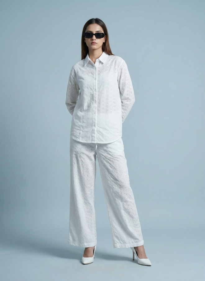 White Schifli Embroidered Shirt Co-ord Set — Long Sleeve Shirt & Wide-Leg Pants