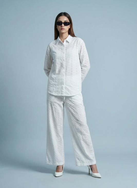 White Schifli Embroidered Shirt Co-ord Set — Long Sleeve Shirt & Wide-Leg Pants