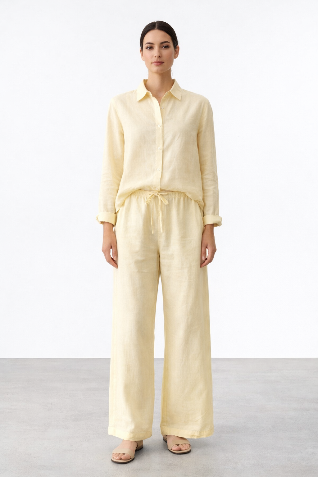 Butter Linen Co-ord Set — Relaxed Shirt & Wide-Leg Drawstring Pants | Gazzelle by Blackstone | طقم منسق محتشم الإمارات