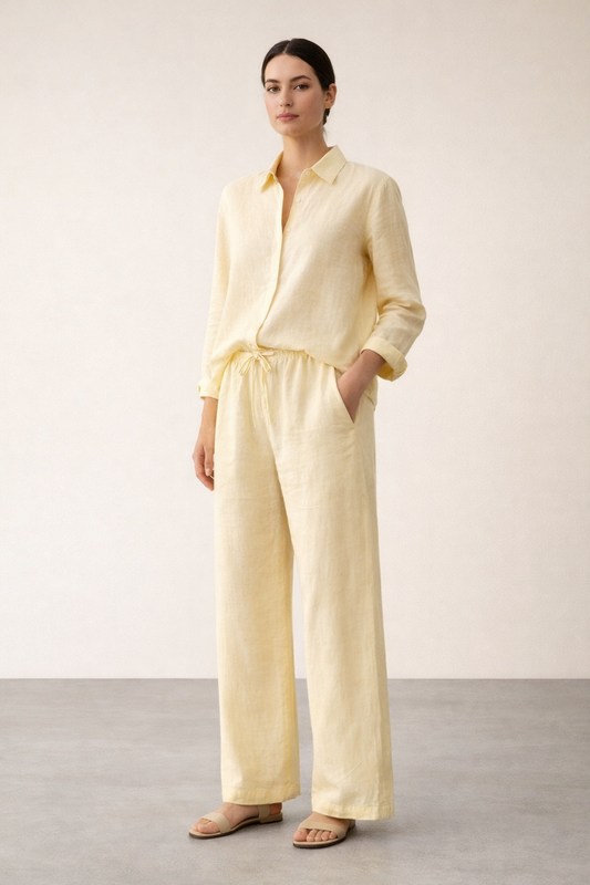Butter Linen Co-ord Set — Relaxed Shirt & Wide-Leg Drawstring Pants | Gazzelle by Blackstone | طقم منسق محتشم الإمارات