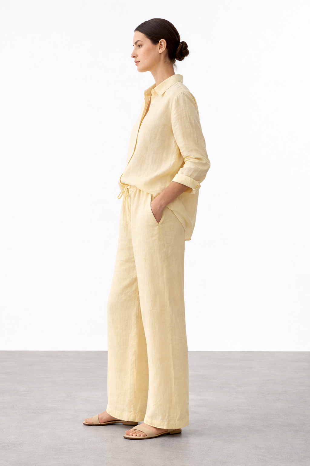 Butter Linen Co-ord Set — Relaxed Shirt & Wide-Leg Drawstring Pants | Gazzelle by Blackstone | طقم منسق محتشم الإمارات