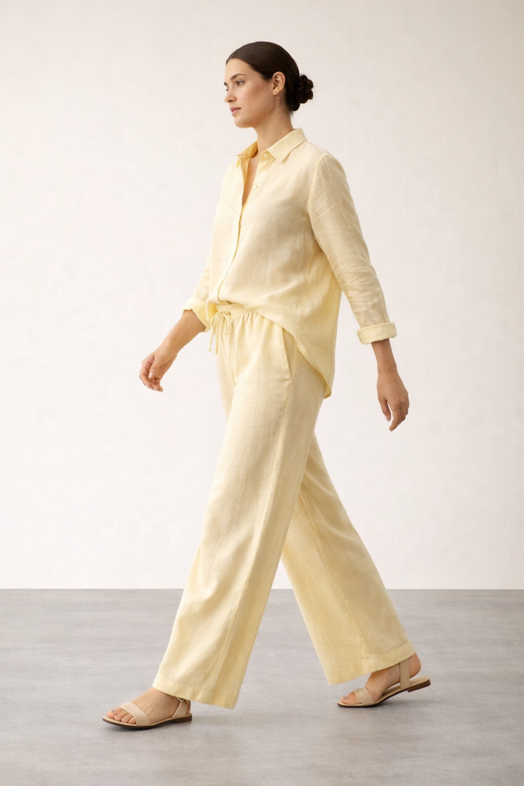 Butter Linen Co-ord Set — Relaxed Shirt & Wide-Leg Drawstring Pants | Gazzelle by Blackstone | طقم منسق محتشم الإمارات