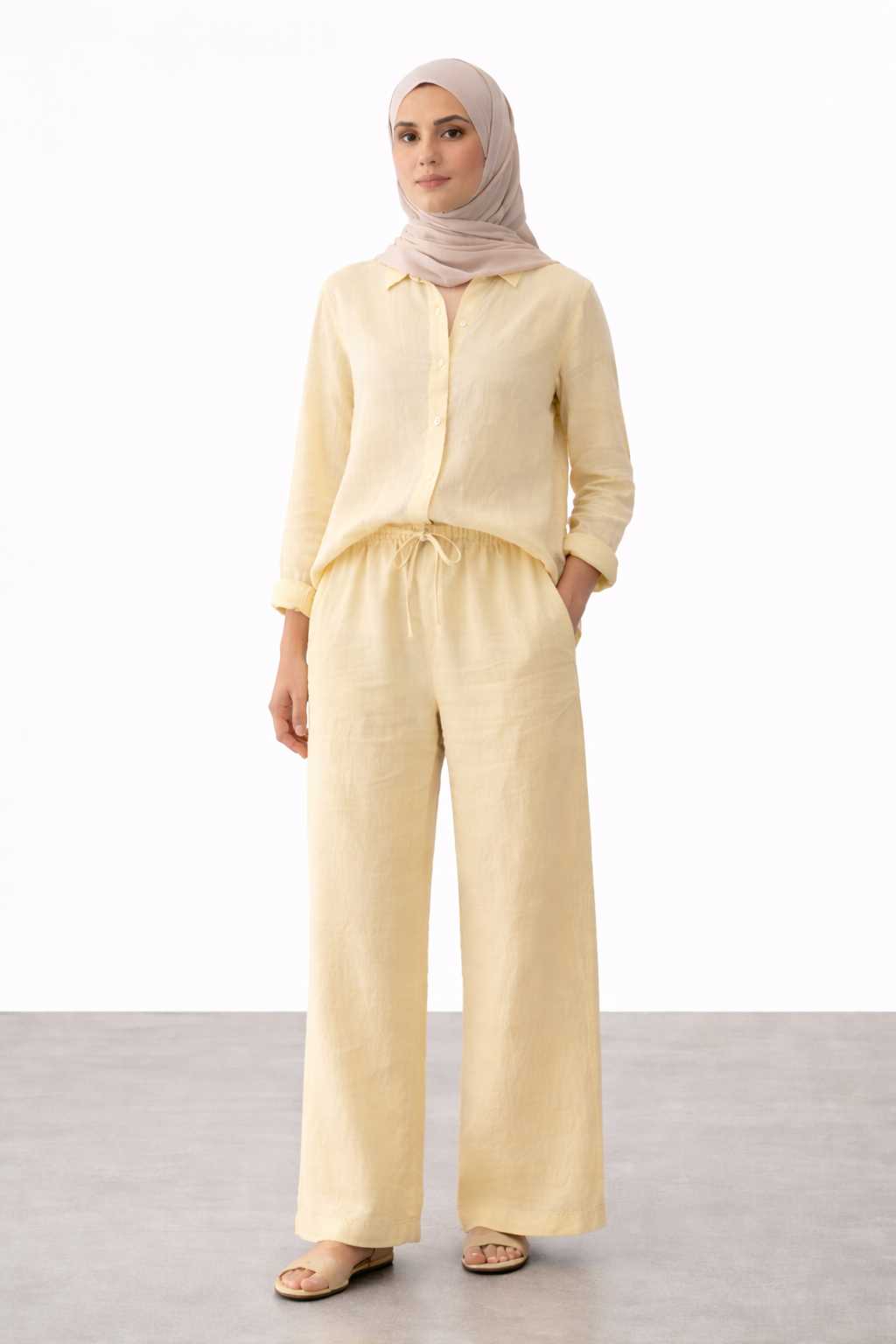 Butter Linen Co-ord Set — Relaxed Shirt & Wide-Leg Drawstring Pants | Gazzelle by Blackstone | طقم منسق محتشم الإمارات