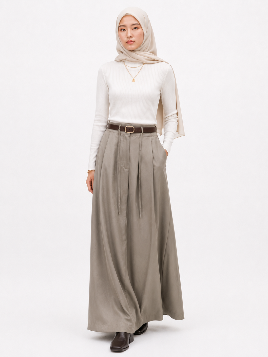 Pleated A-Line Maxi Skirt — Taupe
