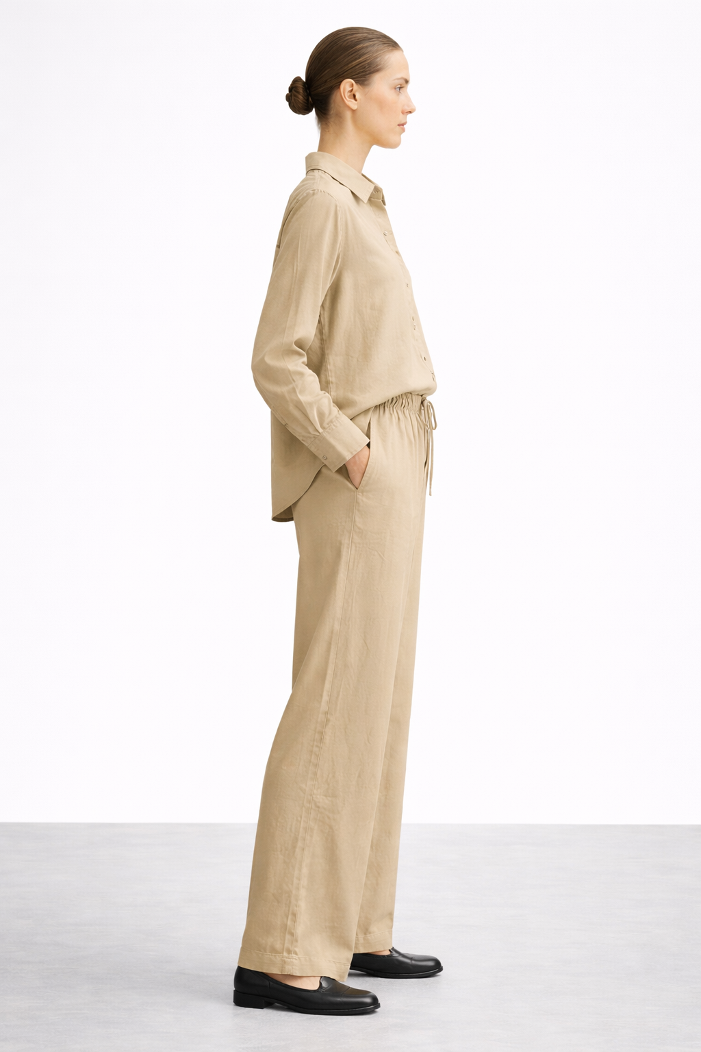 Gazzelle Sand Linen Co-ord Set — Long-Sleeve Shirt & Wide-Leg Trousers | طقم منسق محتشم الإمارات