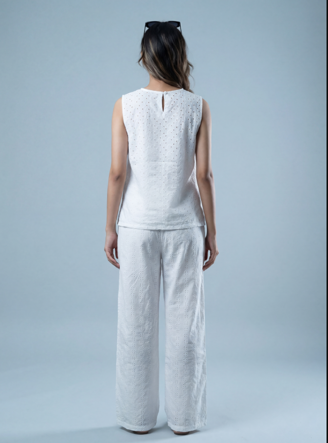 White Schifli Embroidered Co-ord Set — Sleeveless Top & Wide-Leg Pants | طقم منسق محتشم الإمارات