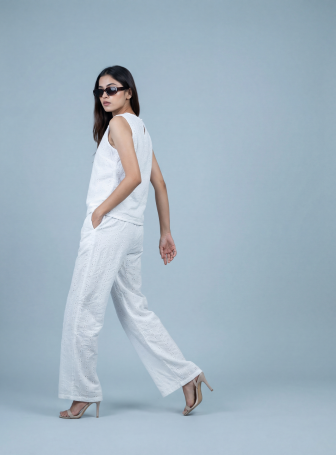 White Schifli Embroidered Co-ord Set — Sleeveless Top & Wide-Leg Pants | طقم منسق محتشم الإمارات