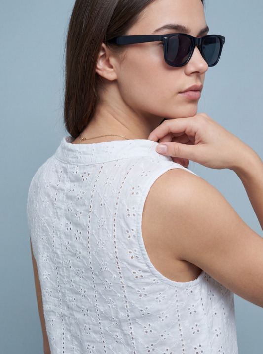 White Schifli Embroidered Co-ord Set — Sleeveless Top & Wide-Leg Pants | طقم منسق محتشم الإمارات