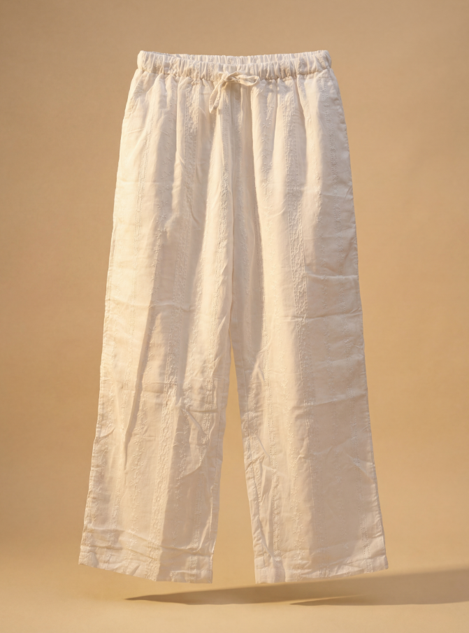 White Embroidered Sleeveless Camp Collar Co-ord Set — Top & Wide-Leg Pants