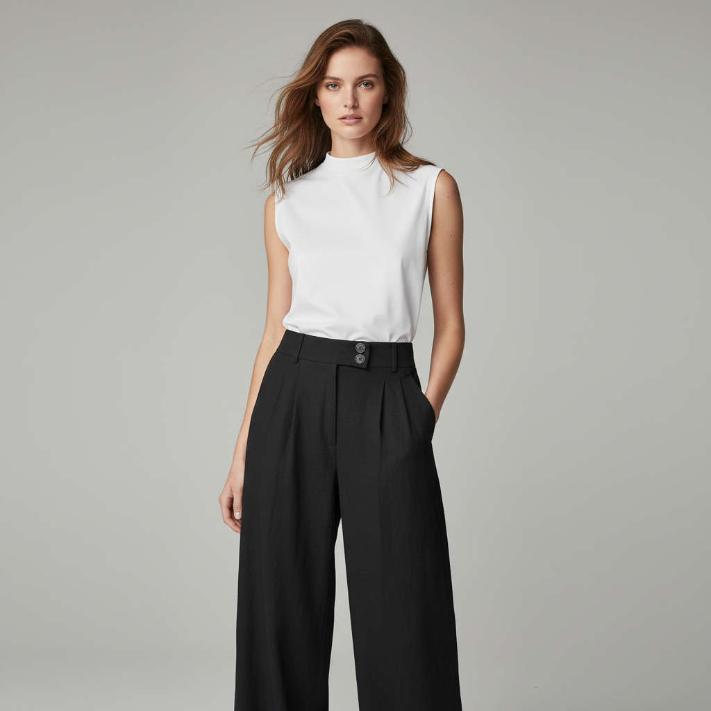 Linen Blend Wide-Leg Trousers — Black