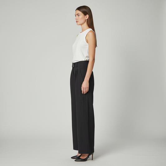 Linen Blend Wide-Leg Trousers — Black