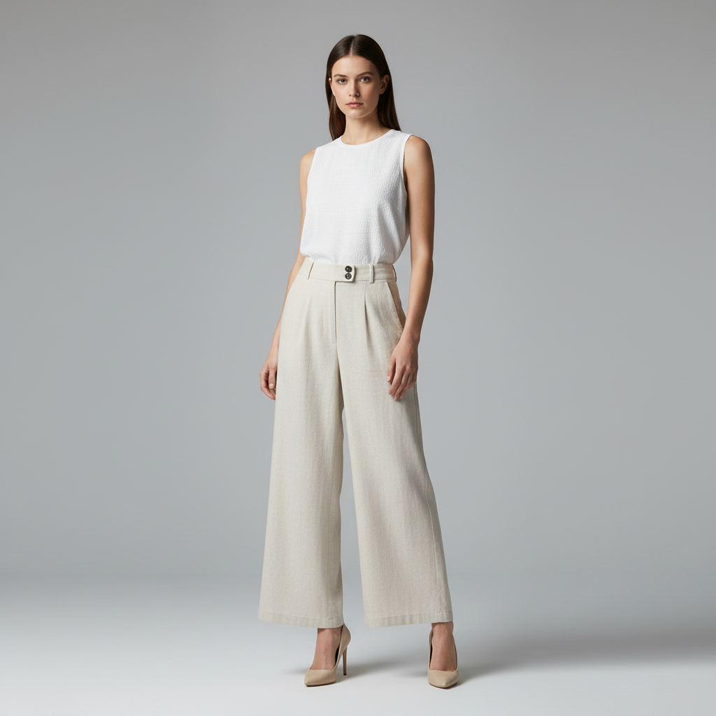 Linen Blend Wide-Leg Trousers — Beige