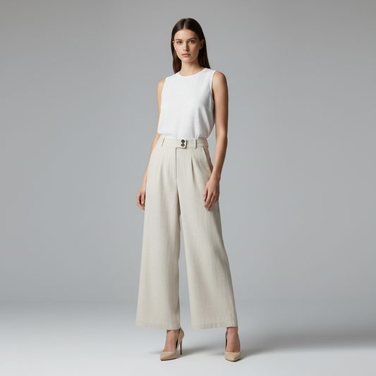 Linen Blend Wide-Leg Trousers — Beige