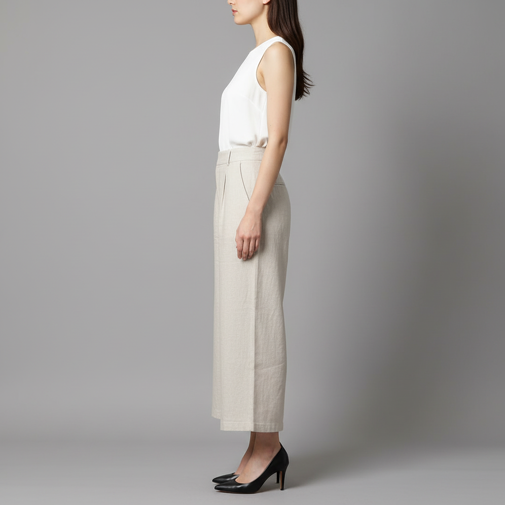 Linen Blend Wide-Leg Trousers — Beige