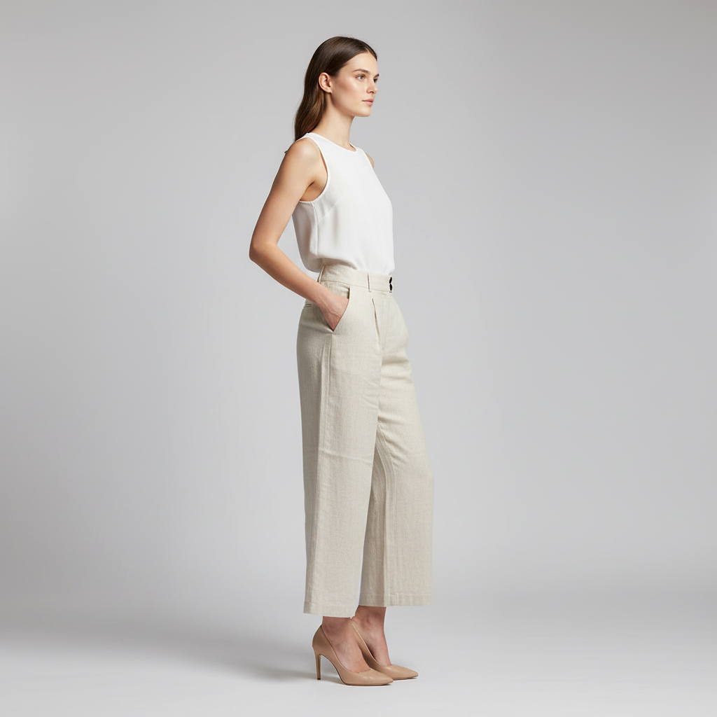 Linen Blend Wide-Leg Trousers — Beige