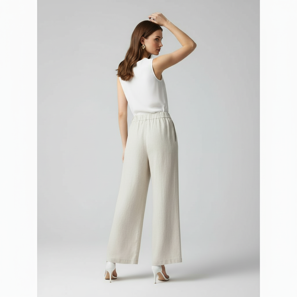 Linen Blend Wide-Leg Trousers — Beige