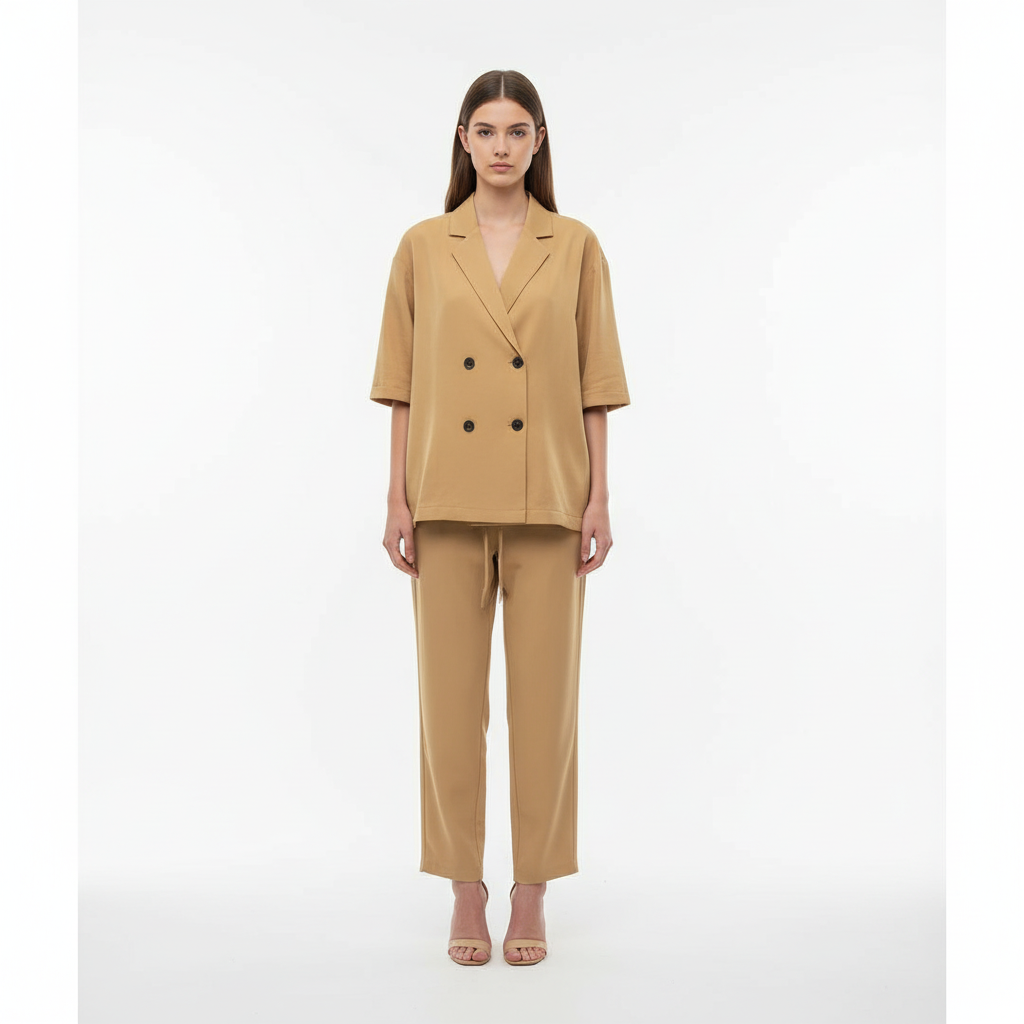Relaxed Fit Double-Breasted Jacket with Culottes — Camel