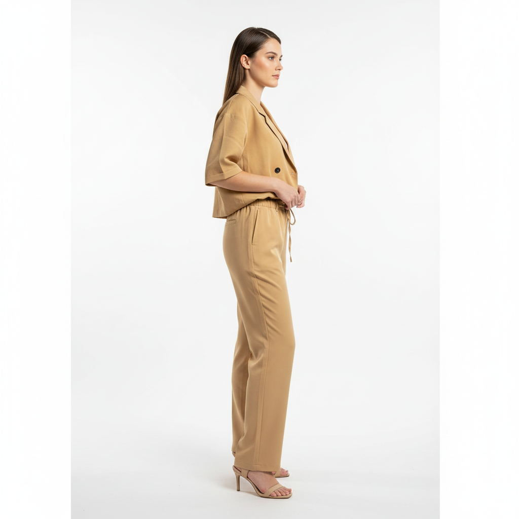 Relaxed Fit Double-Breasted Jacket with Culottes — Camel