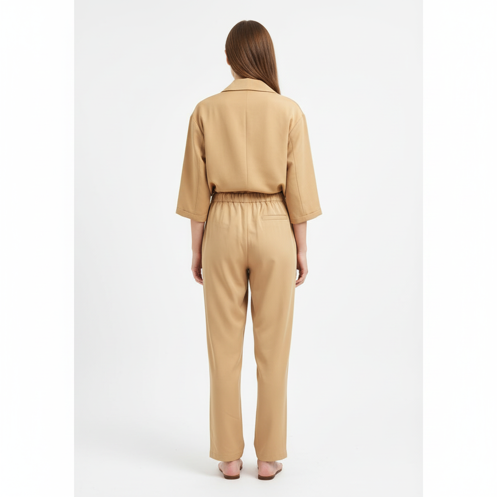 Relaxed Fit Double-Breasted Jacket with Culottes — Camel