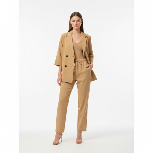 Relaxed Fit Double-Breasted Jacket with Culottes — Camel