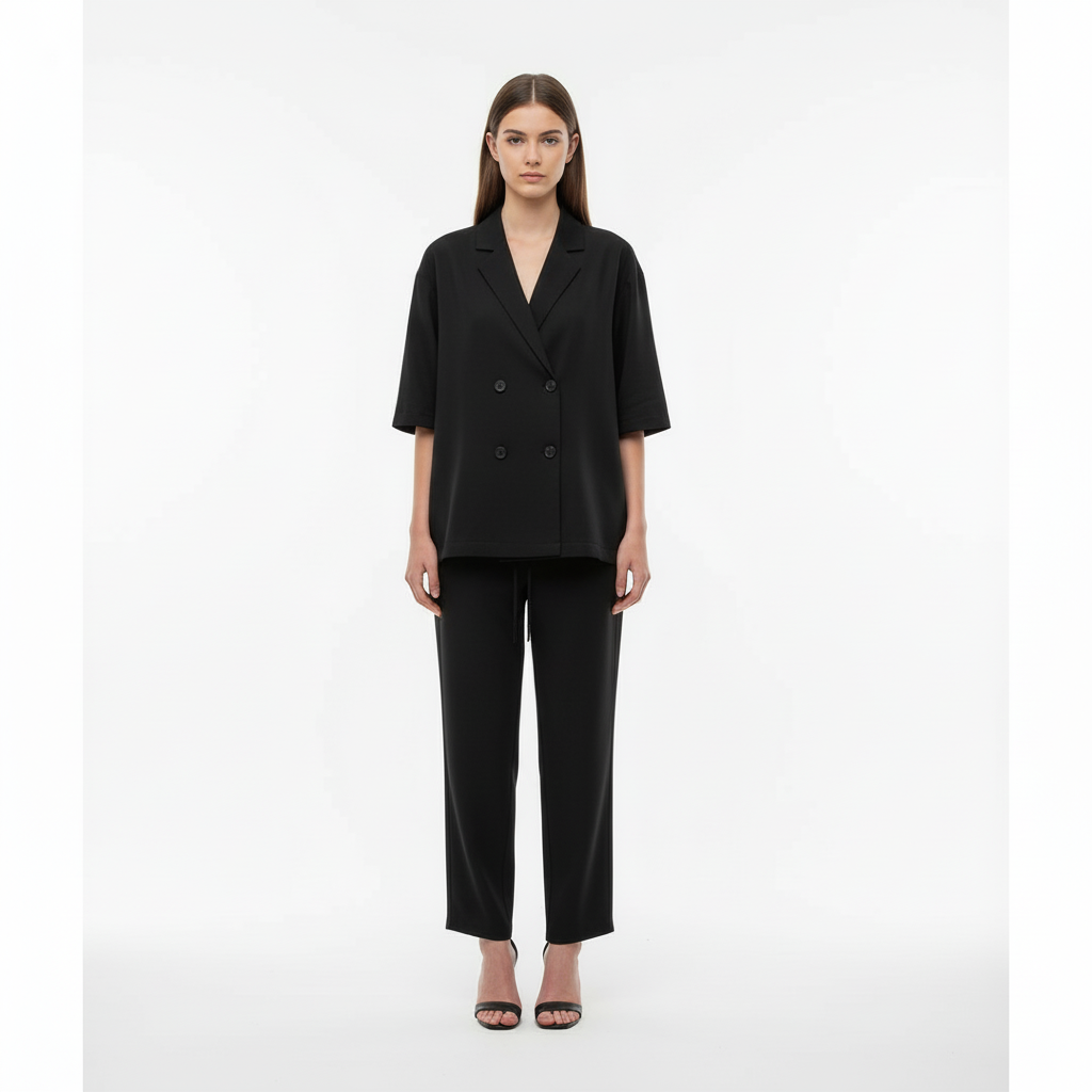 Relaxed Fit Double-Breasted Jacket with Culottes — Black